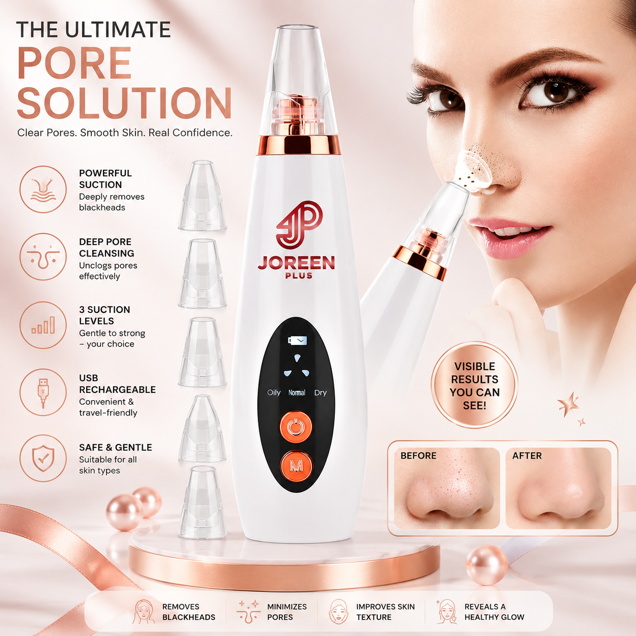 5-in-1 Electric Blackhead Remover & Pore Vacuum | Deep Facial Cleansing Tool | Powerful suction. Gentle care. Visible results.